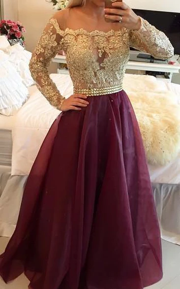 Newest Appliques A-line Off-the-shoulder Evening Dress Long Sleeve