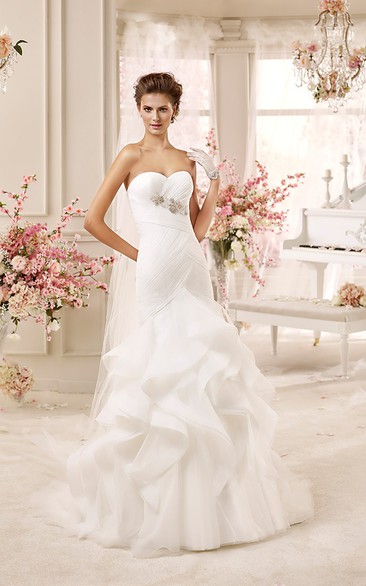 Sweetheart Sheath Pleated Wedding Dress with Cascading Ruffles and Lace-up Back