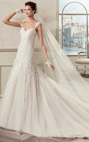 Sweetheart Cap Sleeve Lace Bridal Gown With Appliques Straps And Open Back