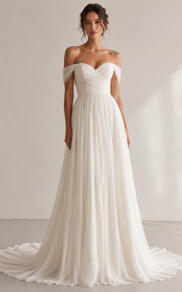 Off Shoulder Simple A-Line Wedding Dress with Soft Chiffon Skirt and Train