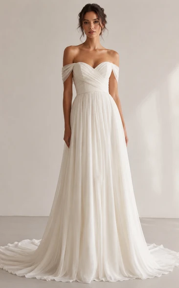 Off Shoulder Simple A-Line Wedding Dress with Soft Chiffon Skirt and Train