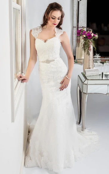 Sheath Floor-Length Queen-Anne Appliqued Lace Wedding Dress With Waist Jewellery And Keyhole Back