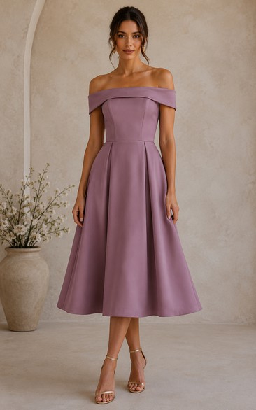 Mauve Off-the-shoulder Tea-length Satin Bridesmaid Dress