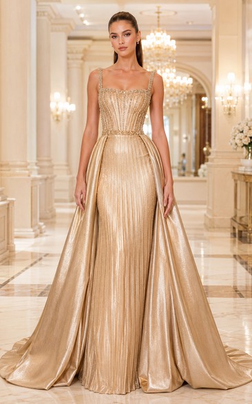 Gold Metallic Formal Gown with Beaded Square Bodice and Overskirt Train