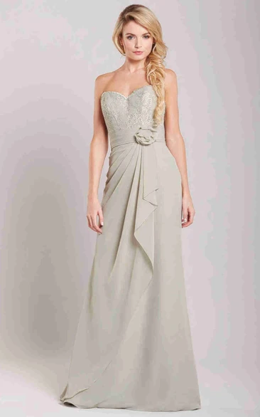 Sheath Sleeveless Lace Long Sweetheart Chiffon Bridesmaid Dress With Flower And Draping