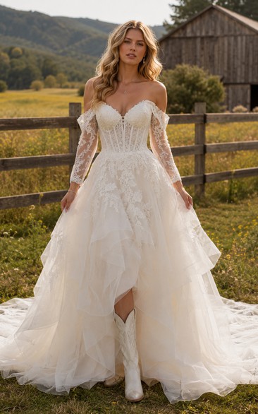 Off-the-Shoulder Layered Tulle Country Wedding Dress with Long Lace Sleeves