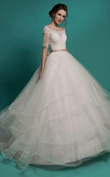 Ball Gown Long Scoop-Neck Illusion-Sleeve Illusion Tulle Bridal Dress With Tiers And Lace Appliques