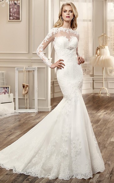 Long-Sleeve Mermaid Wedding Dress With Keyhole Back And Appliques