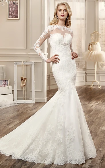 Long-Sleeve Mermaid Wedding Dress With Keyhole Back And Appliques