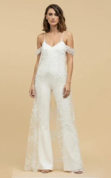 Spaghetti Strap V-Neck Lace Embroidery Flared Leg Wedding Jumpsuit