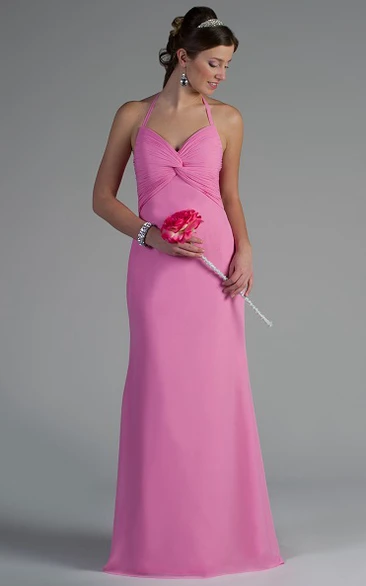 Halter Chiffon Long Bridesmaid Dress With Knot Ruching Top