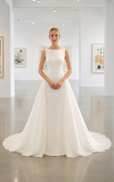 Brautkleid aus Satin in A-Linie mit U-Boot-Ausschnitt, tiefem Rückenausschnitt und Kapellenschleppe