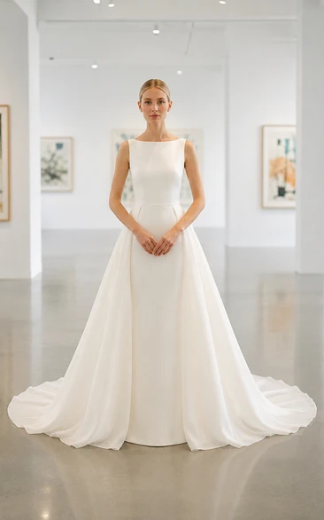 Vestido de novia de satén de corte A con escote barco, espalda baja y cola de capilla.