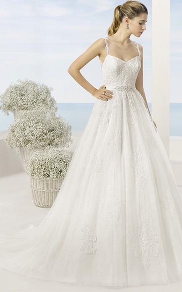 A-Line Sleeveless Floor-Length Spaghetti Appliqued Tulle Wedding Dress With Waist Jewellery And Illusion Back