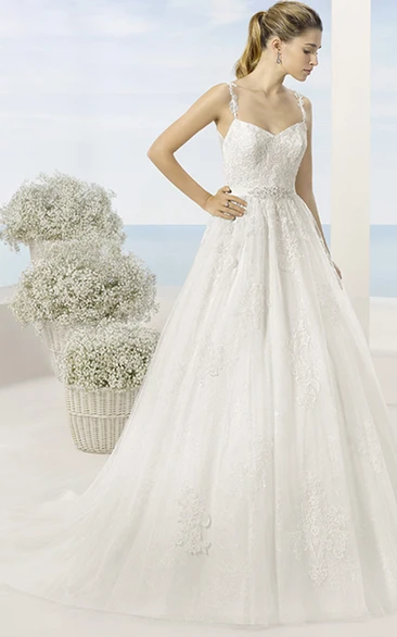 A-Line Sleeveless Floor-Length Spaghetti Appliqued Tulle Wedding Dress With Waist Jewellery And Illusion Back