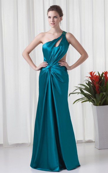 One-Shoulder Floor-Length Satin Epaulet and Dress With Keyhole
