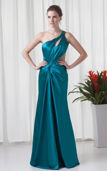 One-Shoulder Floor-Length Satin Epaulet and Dress With Keyhole