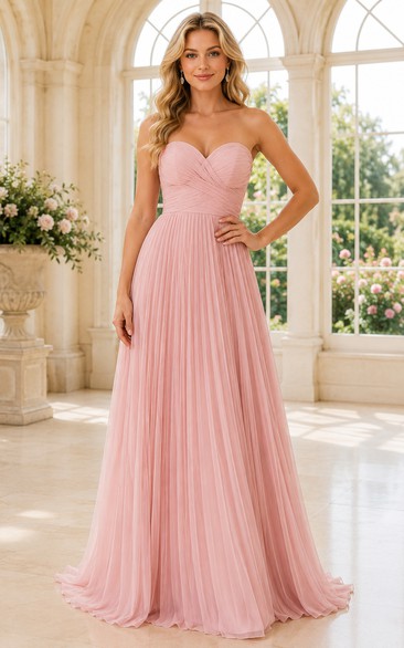 Vestido de dama de honor de gasa plisada de corte A, sin tirantes, color rosa rubor, talla grande