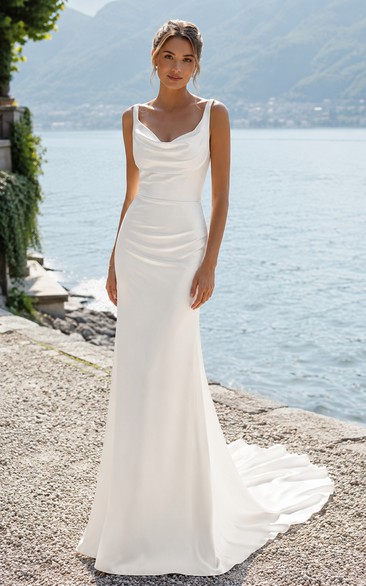 Cowl Neck Satin Sheath Wedding Dress with Wide Straps and Train