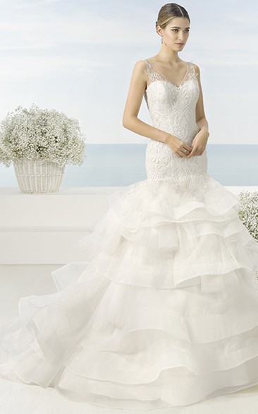 A-Line Tiered V-Neck Long Sleeveless Lace&Organza Wedding Dress With Appliques And Low-V Back