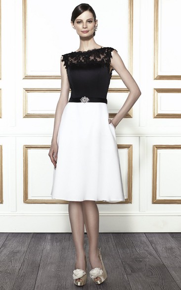 Knee-Length Jewel Appliqued Satin Wedding Dress With Broach And Illusion