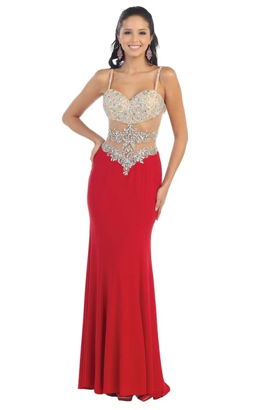 Illusion Sheath Long Spaghetti Sleeveless Jersey Dress With Beading