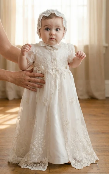 Christening White Baby Flower Girl Dress Lace Overlay Gown with Bonnet