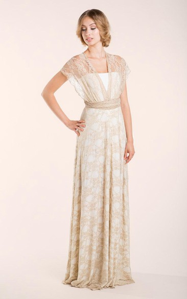 Vintage Sheath Cap-Sleeve Lace Vow Renewal Dress With Bow