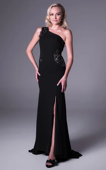 One-Shoulder Long Lace Chiffon Prom Dress With Sweep Train