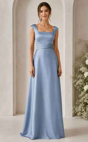 Steel Blue Square Neck Satin A-Line Bridesmaid Dress