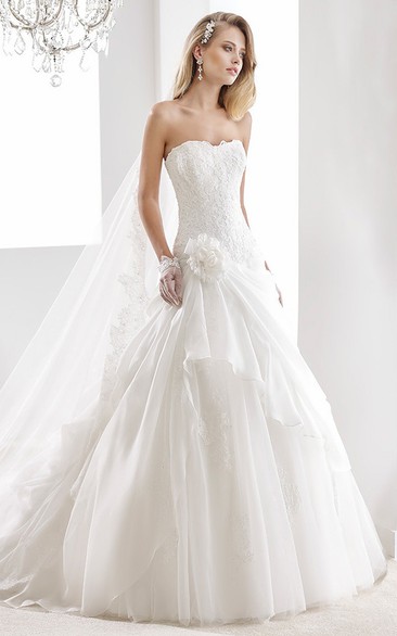 Strapless A-Line Lace Gown With Side Draping Ruffles And Floral Decorations