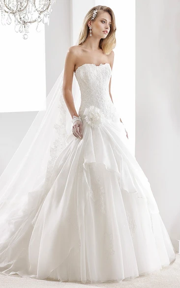 Strapless A-Line Lace Gown With Side Draping Ruffles And Floral Decorations