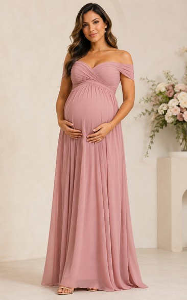 Maternity Dusty Rose Off-the-Shoulder Chiffon A-Line Dress