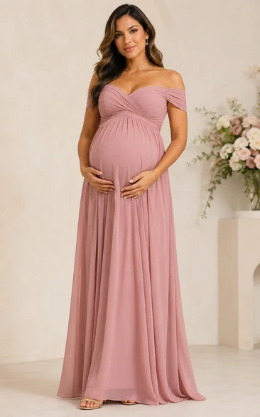 Maternity Dusty Rose Off-the-Shoulder Chiffon A-Line Dress