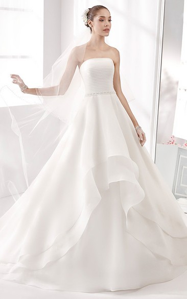 Strapless A-Line Wedding Gown With Pleated Bodice and Asymmetrically Ruffled Skirt