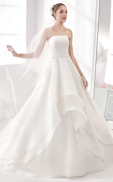 Strapless A-Line Wedding Gown With Pleated Bodice and Asymmetrically Ruffled Skirt