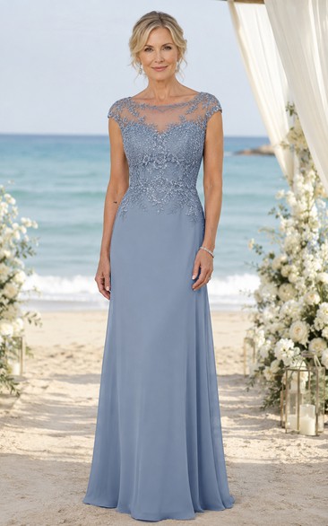 Steel Blue Illusion Lace Cap Sleeve Sheath Mother of the Bride Dress