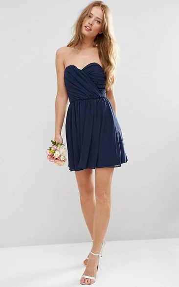 A Line Sleeveless Criss Cross Short Mini Sweetheart Chiffon Bridesmaid Dress With Pleats