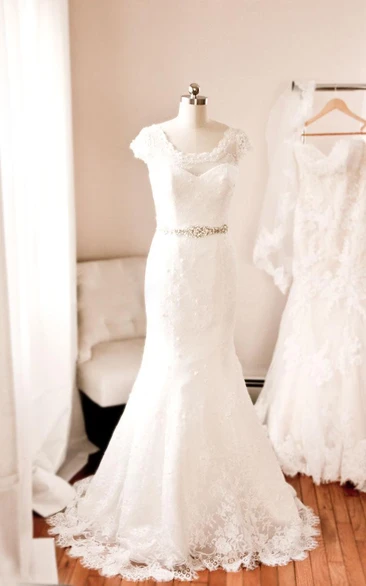Mermaid Lace Short Sleeve Gown With Beaded Waistbelt