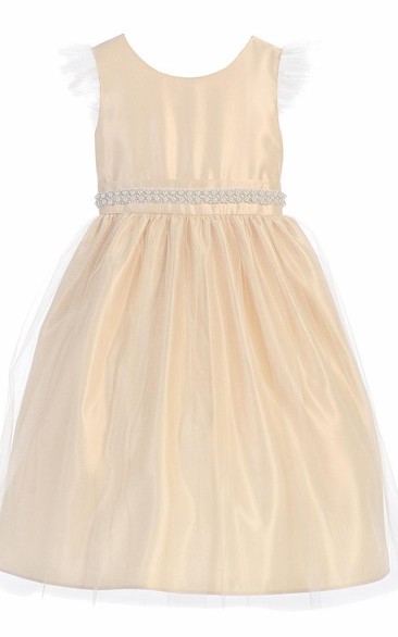 Tea-Length Beaded Tulle&Satin Flower Girl Dress