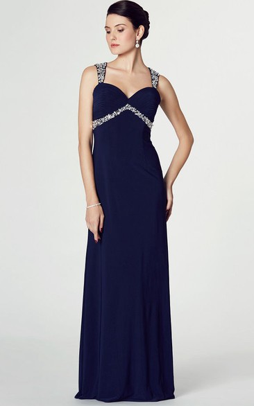 Sheath Beaded Long Empire Sleeveless Straps Chiffon Prom Dress With Keyhole Back And Ruching