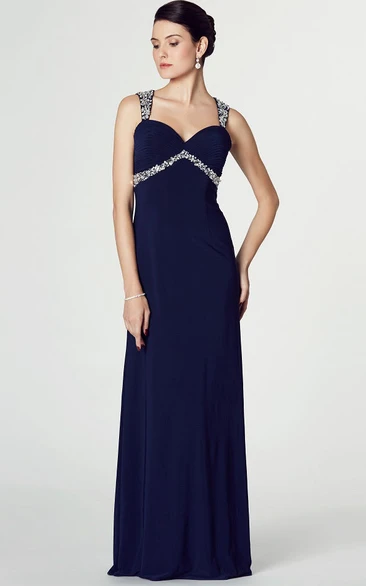 Sheath Beaded Long Empire Sleeveless Straps Chiffon Prom Dress With Keyhole Back And Ruching