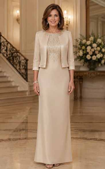Champagne Sheath Mother of the Bride Dress with Lace Bodice and Jacket