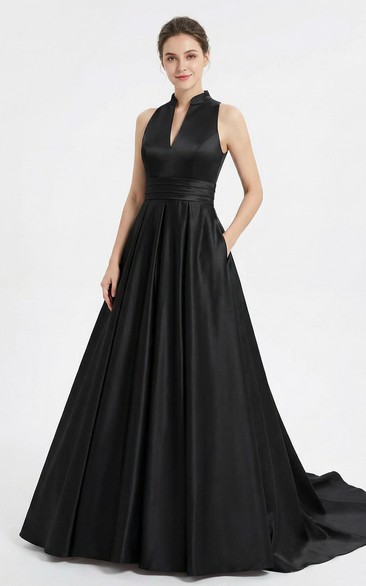 Ruched Satin Ball Gown with Brush Train