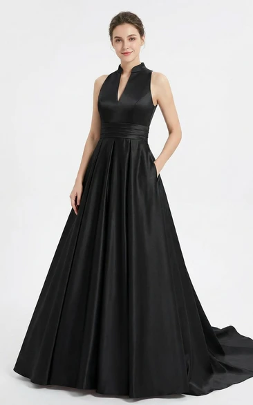 Ruched Satin Ball Gown with Brush Train