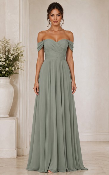 Sage Off-the-Shoulder A-Line Chiffon Bridesmaid Dress