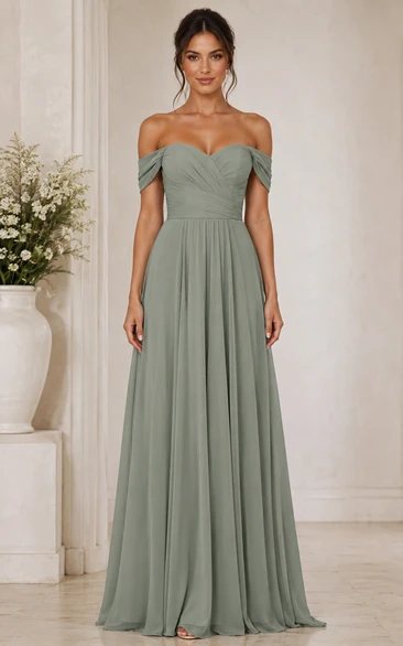 Sage Off-the-Shoulder A-Line Chiffon Bridesmaid Dress