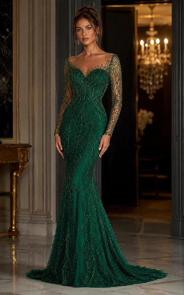 Vestido de noche largo estilo sirena de manga larga con cuentas de cristal verde esmeralda y espalda descubierta