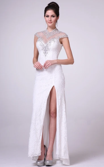 Sheath Maxi High Neck Cap-Sleeve Lace Illusion Dress With Beading And Split Front
