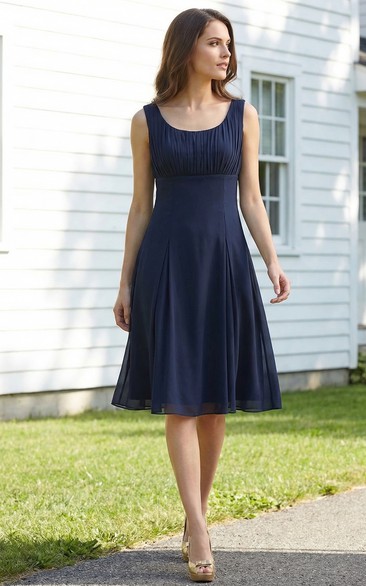 Scooped Pleated Chiffon Knee-Length Dress